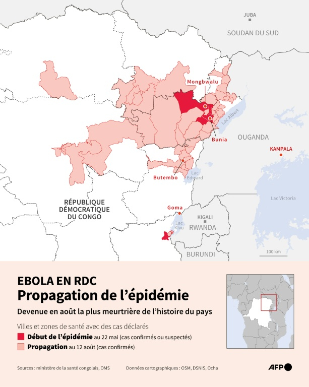 Carte du nord-est de la République démocratique du Congo montrant les zones de santé et villes où des cas d'Ebola ont été recensés au 12 août 2026 ( AFP / Sabrina BLANCHARD )
