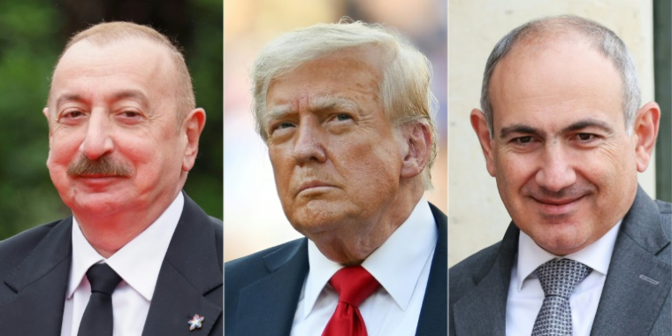 De gauche à droite, le président azerbaïdjanais Ilham Aliev, son homologue américain Donald Trump et le Premier ministre arménien Nikol Pachinian, en 2025 ( AFP / Ludovic MARIN )