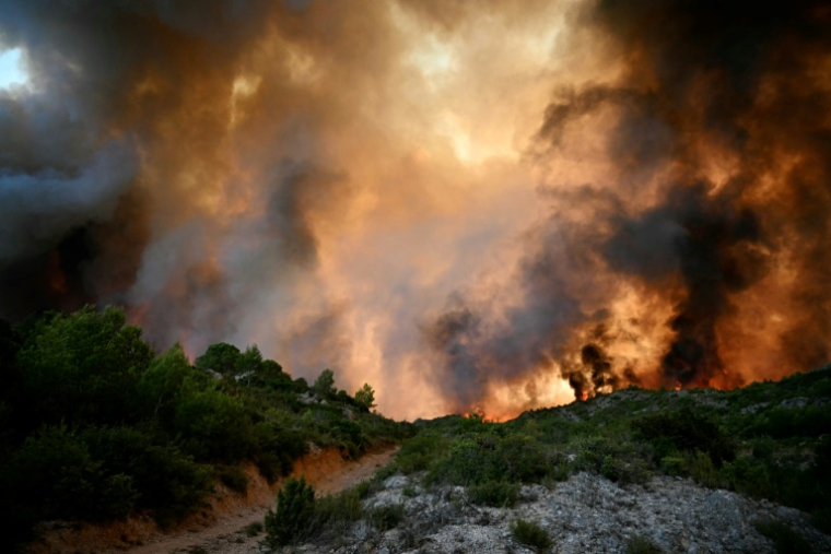 La forêt en feu à Fontjoncouse, dans l'Aude, le 6 août 2025 ( AFP / Lionel BONAVENTURE )