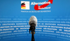 Photo d'archives: Un microphone devant le logo de l'AfD (Alternative fuer Deutschland)