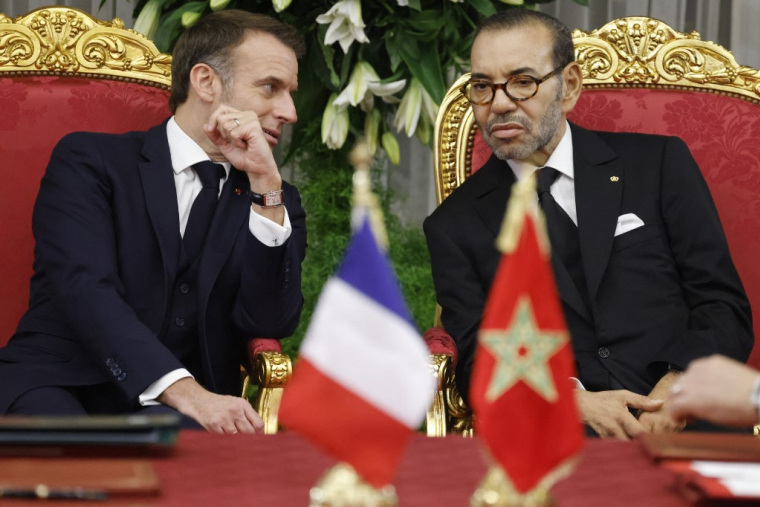 Emmanuel Macron et Mohammed VI à Rabat, au Maroc, le 28 octobre 2024. ( AFP / LUDOVIC MARIN )