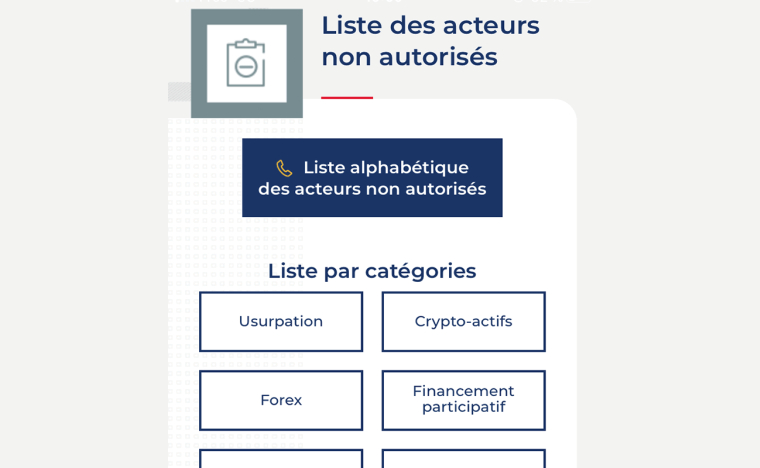 Les listes noires de l'AMF sont disponibles sur l'application. Image tirée d'AMF Protect Epargne