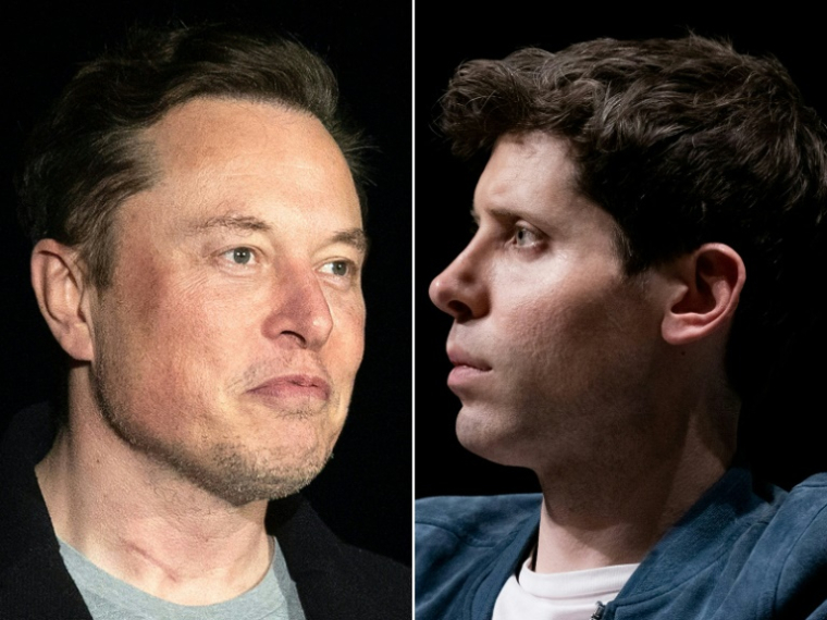 Elon Musk (g) et Sam Altman (d) faisaient partie de l'équipe de 11 personnes qui a fondé OpenAI en 2015, le premier apportant un financement initial de 45 millions de dollars ( AFP / JIM WATSON )