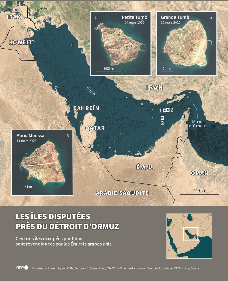 Image satellite du détroit d'Ormuz dans le Golfe, montrant les trois îles disputées de Petite Tumb, Grande Tumb et Abou Moussa, occupées par l'Iran mais revendiquées par les Émirats arabes unis ( AFP / Omar KAMAL )