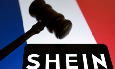 Illustration montrant le logo Shein, le marteau de la cour et le drapeau français