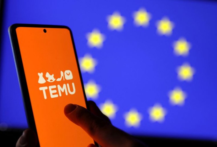 Une illustration du logo de Temu avec le drapeau de l'UE