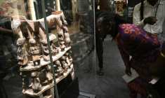 Le trône de Cana, l'un des trésors d'Abomey rendus au Bénin par la France, le 18 février 2022 à Cotonou ( AFP / PIUS UTOMI EKPEI )
