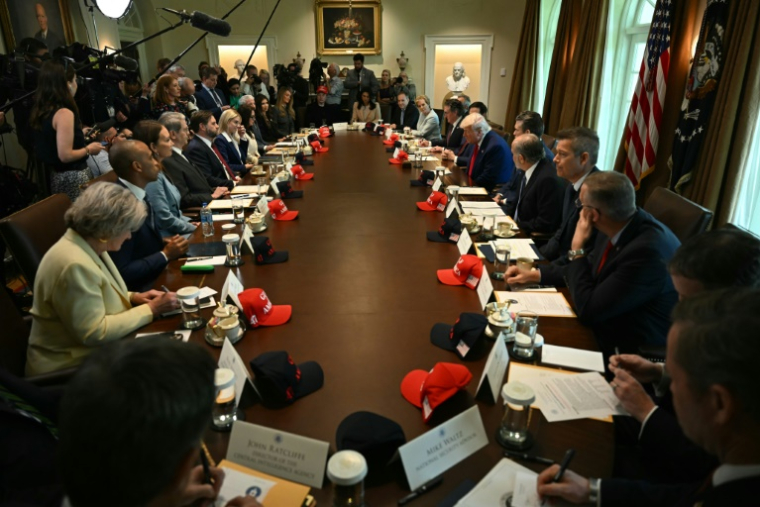 Donald Trump lors d'une réunion avec ses ministres à Washington, le 30 avril 2025 ( AFP / Jim WATSON )