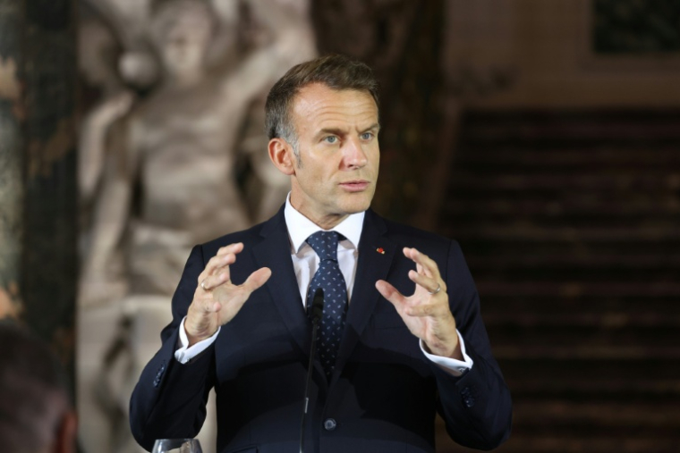 Le président Emmanuel Macron lors d'une conférence de presse avec le chancelier allemand Friedrich Merz à Brühl, le 17 juillet 2026 en Allemagne ( AFP / Ludovic MARIN )