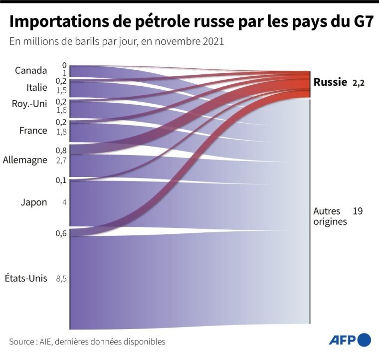 Importations de pétrole russe par les pays du G7 en novembre 2021, selon les données de l'Agence internationale de l'énergie ( AFP / )