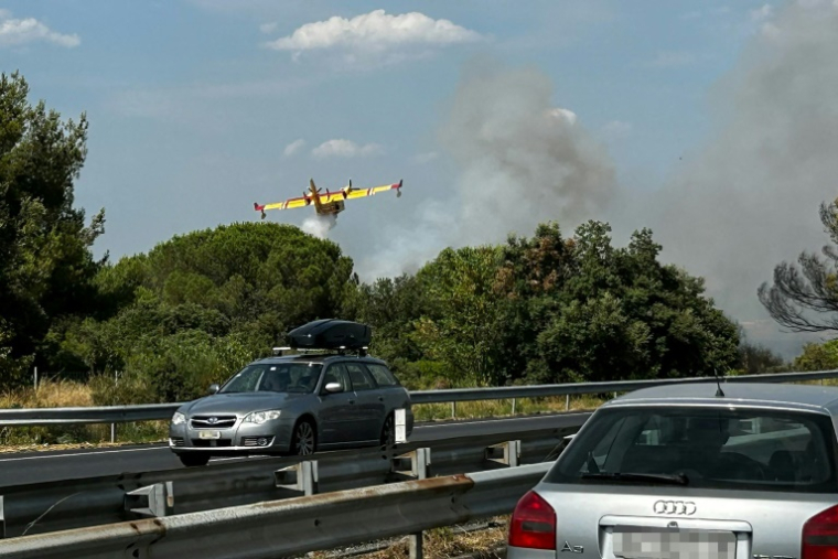 Un Canadair largue de l'eau sur un incendie de forêt près de l'autoroute A9, entre Orange et de Narbonne, le 5 juillet 2025 ( VINCI AUTOROUTES / LAURENT NOE )
