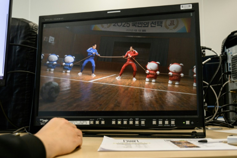 Un dessin animé élaboré par la chaîne SBS pour la soirée électorale montre les candidats à la présidentielle en Corée du Sud Lee Jae-myung (gauche) et Kim Moon-soo engagés dans une lutte à la corde, le 22 mai 2025 à Séoul ( AFP / ANTHONY WALLACE )
