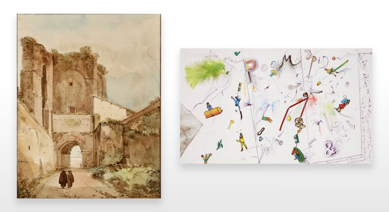 Vue de la porte Caerlimontane à Rome - aquarelle, lavis et crayon noir signé Granet (1775-1849) (© Galerie De Bayser ) et Composition pour Claude Pompidou - encre, crayon et collage de Jean Tinguely (1952-191), offert à Mme Pompidou. (© Galerie AB)