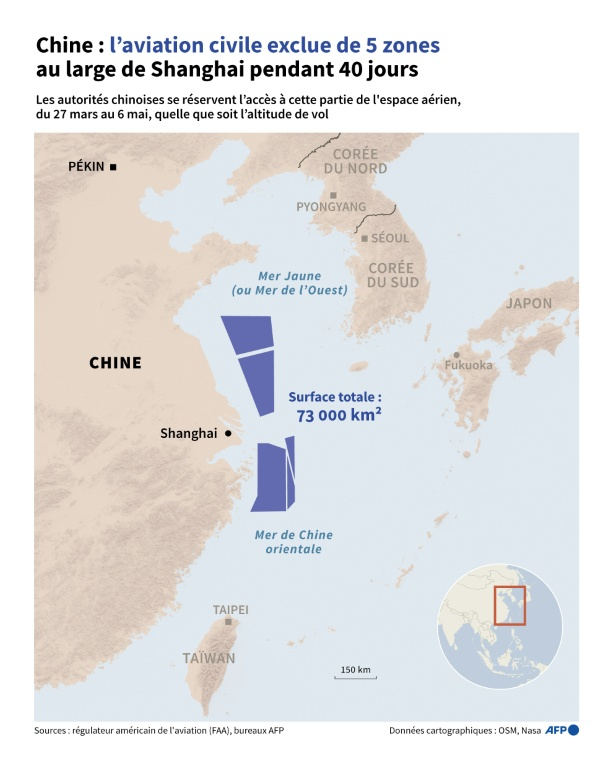 Carte montrant cinq zones de l'espace aérien au large de Shanghai dont les autorités chinoises ont limité l'accès pendant 40 jours, du 27 mars au 6 mai 2026 ( AFP / Paz PIZARRO )
