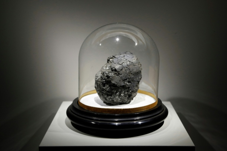 Orgueil, une chondrite tombée en France en 1864, lors de l'exposition "Météorites entre ciel et terre", le 17 octobre 2017 au Muséum national d'histoire naturelle à Paris ( AFP / FRANCOIS GUILLOT )