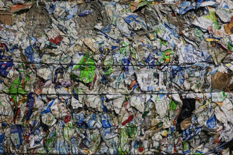 Des emballages compactés destinés à être recyclés dans un centre de tri à Saint-Denis-de-Pile en Gironde le 19 décembre 2024 ( AFP / Thibaud MORITZ )