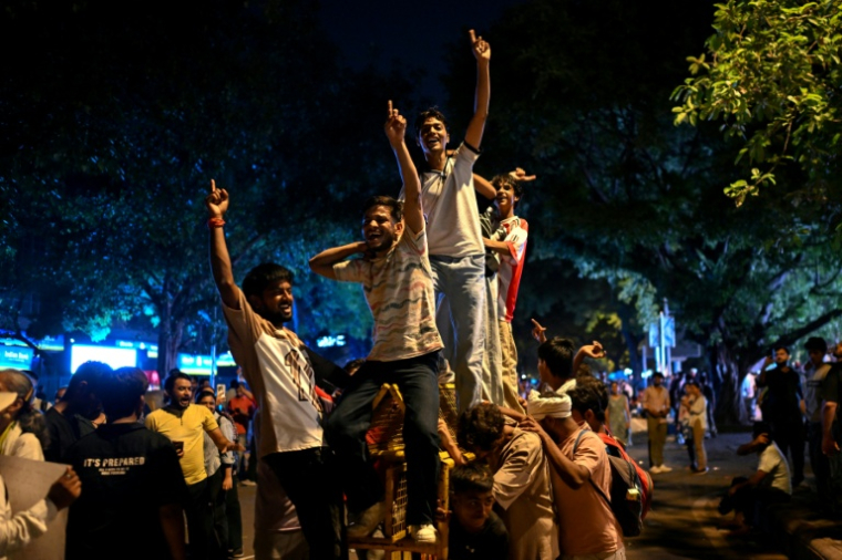 Des manifestants du "parti du peuple des cafards" célèbrent la démission du ministre de l'Education, le 25 juillet à New Delhi ( AFP / Sajjad HUSSAIN )
