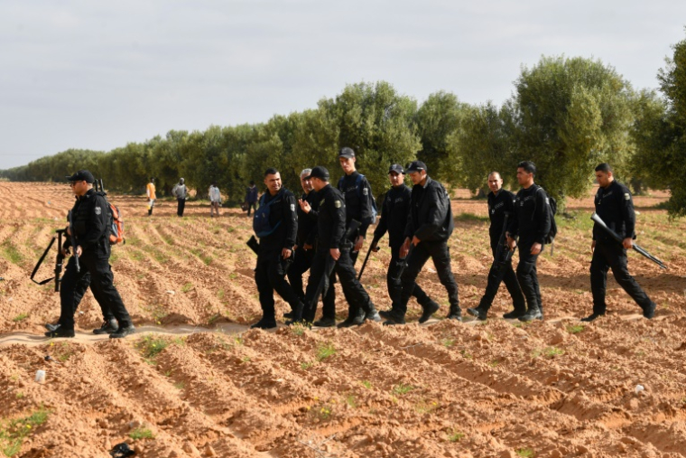 Des gendarmes démantèlent un camp de migrants à El Amra, le 5 avril 2025 en Tunisie ( AFP / FETHI BELAID )