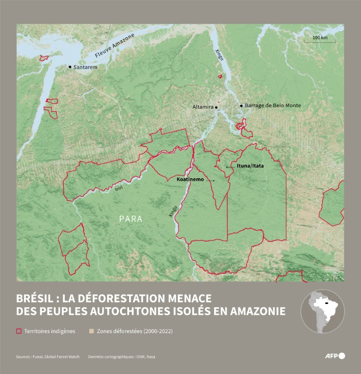 Carte localisant les territoires indigènes Koatinemo et Ituna/Itata dans l'État du Para, au Brésil, et les zones déforestées entre 2000 et 2022, selon les données de Global Forest Watch ( AFP / Gustavo IZUS )