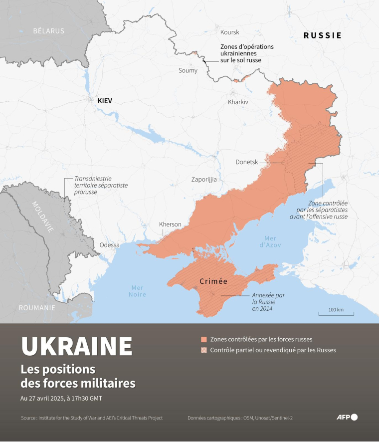 Carte des zones contrôlées par les forces russes en Ukraine et zones d'opérations ukrainiennes sur le sol russe, au 27 avril 2025 à 17h30 GMT  ( AFP / Valentina BRESCHI )
