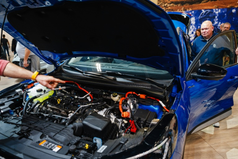Un visiteur regarde le moteur hybride d'une voiture Ford Puma présentée au Mondial de l'auto, le 15 octobre 2024 à Paris ( AFP / Dimitar DILKOFF )