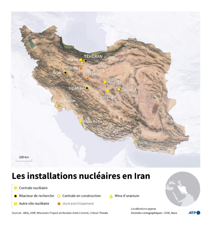 Carte de l'Iran montrant les sites nucléaires, réacteurs et mines d'uranium   ( AFP / Sylvie HUSSON )