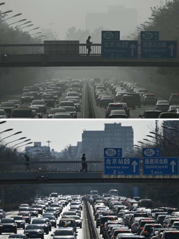 Montage photos du 16 février 2026 montrant la circulation dense par temps de smog à Pékin, le 1er novembre 2023 (en haut), et la même vue, le 11 février 2026 (en bas) ( AFP / Pedro PARDO )