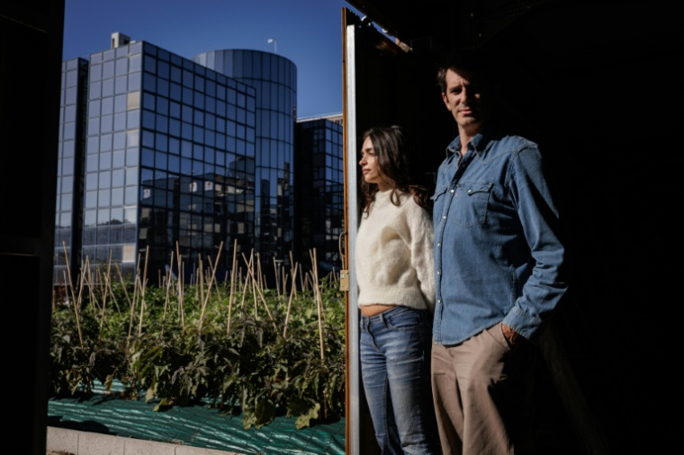 Les co-fondateurs de la ferme urbaine "Ma Salade à Toit" Margot-Lys Duval (g) et Grégory Schepard à Noisy-le-Grand, en Seine-Saint-Denis, le 22 septembre 2026 ( AFP / Simon WOHLFAHRT )