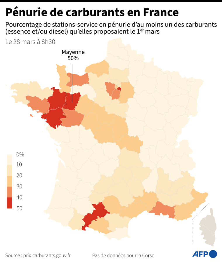 Carte de France métropolitaine montrant le pourcentage de stations-service manquant d'au moins un carburant (essence et/ou diesel) le 28 mars 2023 à 8h30 ( AFP / )