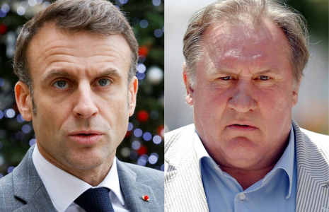 Emmanuel Macron à Paris, le 13 décembre 2023 et Gérard Depardieu à Nice, le 6 juin 2023. ( AFP / LUDOVIC MARIN )