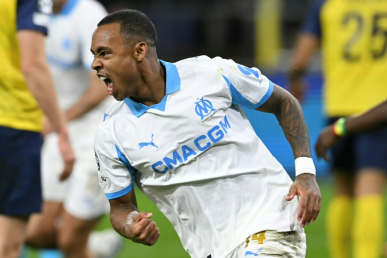L'attaquant brésilien de Marseille Igor Paixao après son but en Ligue des champions contre l'Union Saint-Gilloise, le 9 décembre 2025 ( AFP / NICOLAS TUCAT )
