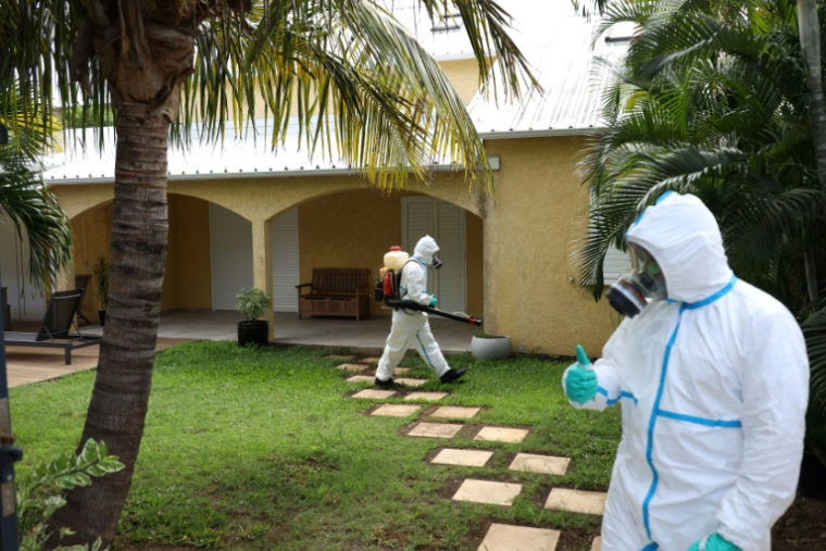 Opération de fumigation pour empêcher les moustiques de se reproduire, le 28 avril 2020 à La Possession, sur l'île de La Réunion ( AFP / Richard BOUHET )