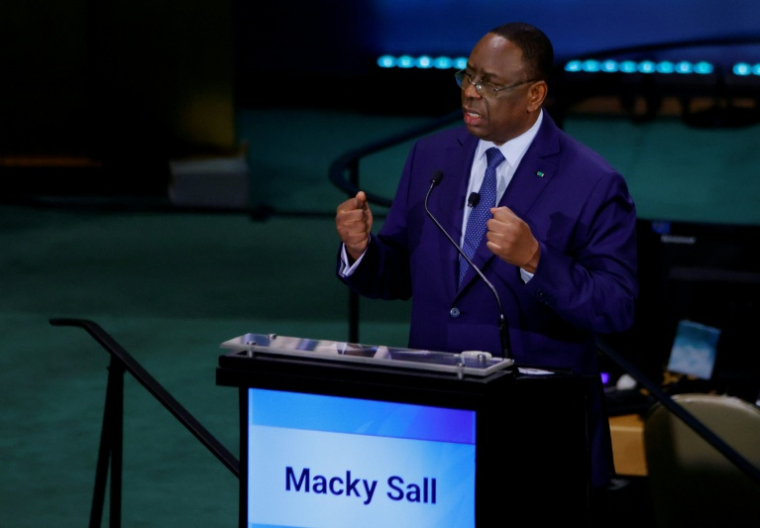L’ancien président du Sénégal et candidat au poste de secrétaire général des Nations unies, Macky Sall, dans la salle de l’Assemblée générale de l'ONU, le 23 juillet 2026 à New York ( AFP / Leonardo MUNOZ )