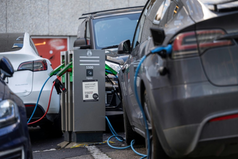 Des voitures électriques en charge dans une rue d'Oslo, le 25 septembre 2024 en Norvège ( AFP / Jonathan NACKSTRAND )