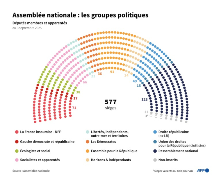 Nombre de sièges par groupe à l'Assemblée nationale, au 3 septembre 2025 ( AFP / Nalini LEPETIT-CHELLA )