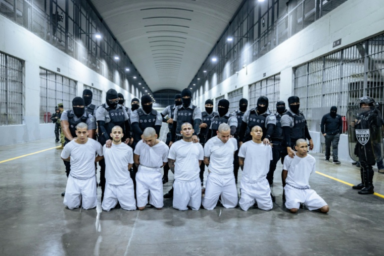 Photo diffusée le 31 mars 2025 par la Présidence du Salvador montrant des Vénézuéliens et des Salvadoriens accusés par les États-Unis d'être membres de groupes criminels, incarcérés au Centre de Détention contre le Terrorisme (Cecot) dans la ville de Tecoluca, au Salvador ( Service de presse de la présidence salvadorienne / Handout )