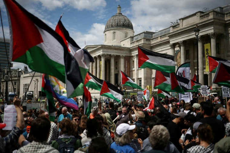Des manifestants sont rassemblés à Trafalgar Square en soutien du groupe Palestine Action, que le gouvernement britannique veut interdire, le 23 juin 2025 à Londres ( AFP / HENRY NICHOLLS )