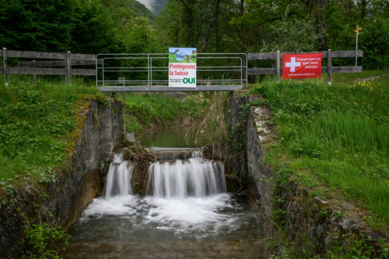 Une affiche électorale "Protégeons la Suisse" et "Préservons ce que nous aimons", ornée d'une croix suisse, avant le vote sur l'initiative contre l'immigration "Non aux 10 millions", à Vionnaz, en Suisse, le 10 mai 2026  ( AFP / Fabrice COFFRINI )