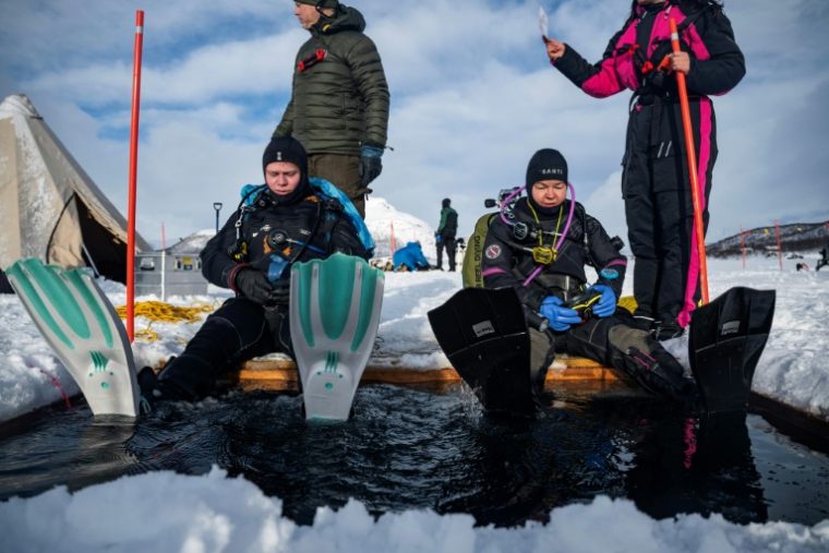 Des plongeurs participent à un stage scientifique de plongée polaire, le 14 mars 2026 sur le lac de Kilpisjärvi, à l'extrême nord-ouest de la Finlande ( AFP / John MACDOUGALL )