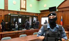 Des accusés au procès de l'attentat du Crocus City Hall en 2020, lors du procès à Moscou, le 4 août 2025 ( AFP / Alexander NEMENOV )