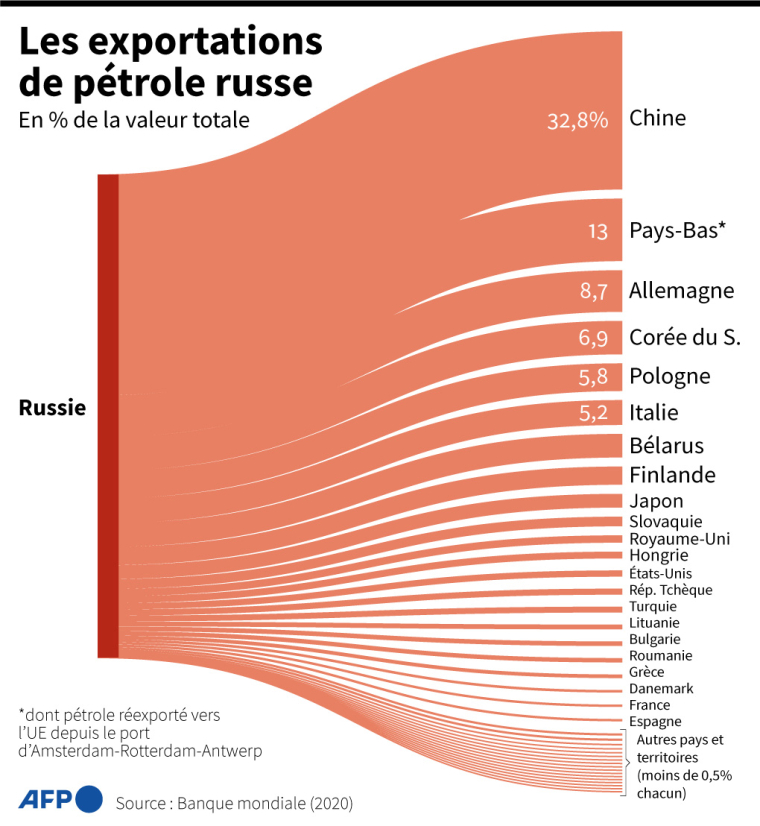 Graphique montrant les pays destinataires des exportations de pétrole russe, selon les dernières données disponibles de la Banque mondiale (2020) ( AFP / )