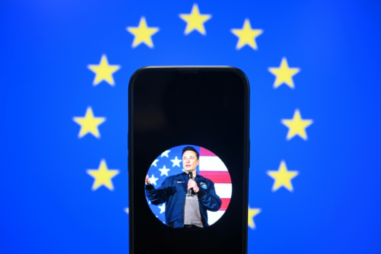 Montage photo d'Elon Musk et d'un drapeau de l'Union européenne, créé à Bruxelles, le 7 janvier 2025 ( AFP / Nicolas TUCAT )