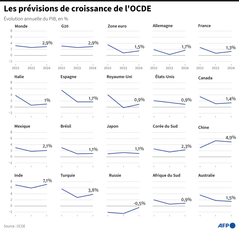 Les prévisions de croissance de l'OCDE pour 2022-2024 ( AFP /  )