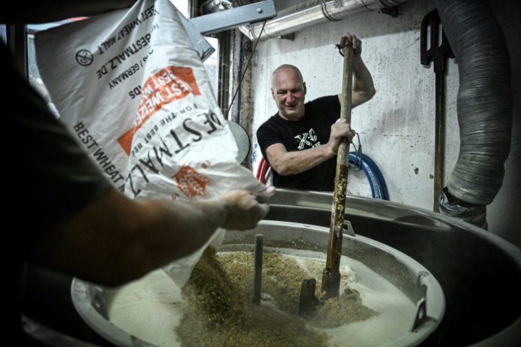 Un employé verse du malt dans une cuve lors d'une opération de brassage, le 20 juin 2025 dans la Brasserie Croix de Chavaux à Montreuil, en Seine-Saint-Denis ( AFP / JULIEN DE ROSA )