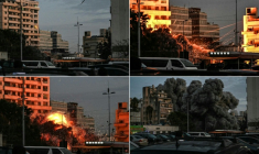 Ce montage de photos montre une frappe aérienne israélienne ciblant un bâtiment du quartier Bashoura de Beyrouth tôt le 18 mars 2026 ( AFP / Fadel ITANI )