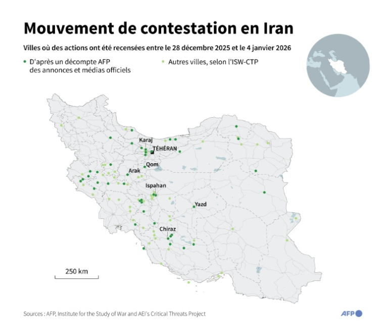 Carte localisant les dizaines de villes iraniennes où des actions de contestation ont été recensées entre le 28 décembre 2025 et le 4 janvier 2026 selon différentes sources, annonces et médias officiels compilés par l'AFP et d'autres sources et réseaux sociaux vérifiés par l'ISW-CTP ( AFP / Sylvie HUSSON )