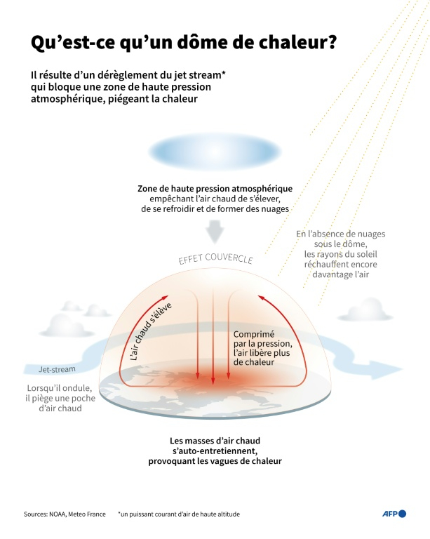 Infographie expliquant la formation de dôme de chaleur à l'origine de vagues de chaleur ( AFP / Mélodie LONTJENS )