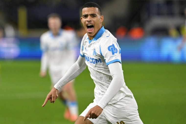L'attaquant anglais de l'OM Mason Greenwood, auteur d'un doublé contre l'Union Saint-Gilloise, le 9 décembre 2025 à Bruxelles ( AFP / NICOLAS TUCAT )