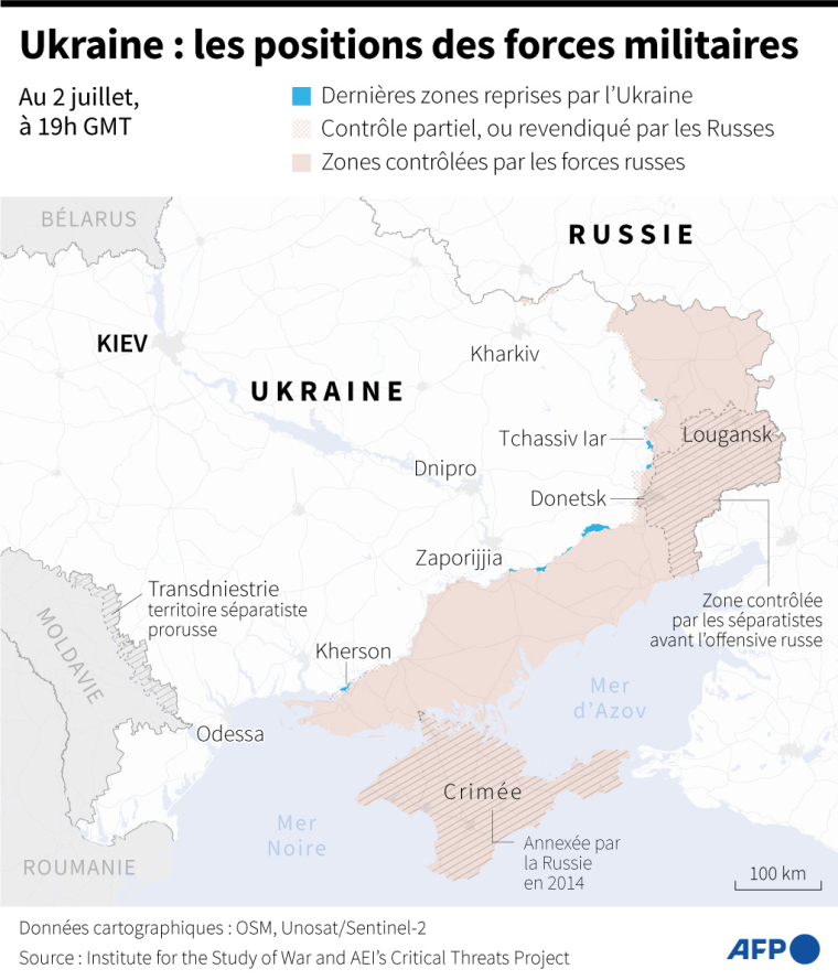 Carte des zones contrôlées par les forces ukrainiennes et russes en Ukraine au 2 juillet 2024 à 19h GMT ( AFP / Valentin RAKOVSKY )