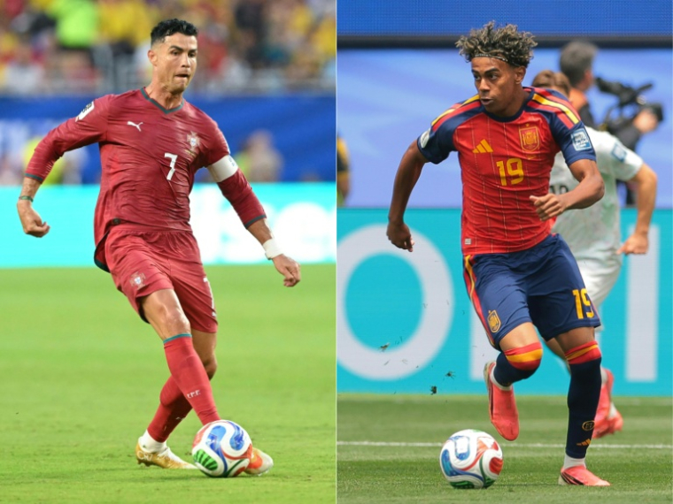 Montage photos du 4 juillet 2026 montrant la superstar du Portugal Cristiano Ronaldo (g) et le prodige espagnol Lamine Yamal Nasraoui qui s'affrontent en 8e de finale du Mondial, deux jours plus tard à Dallas ( AFP / ROBERTO SCHMIDT )